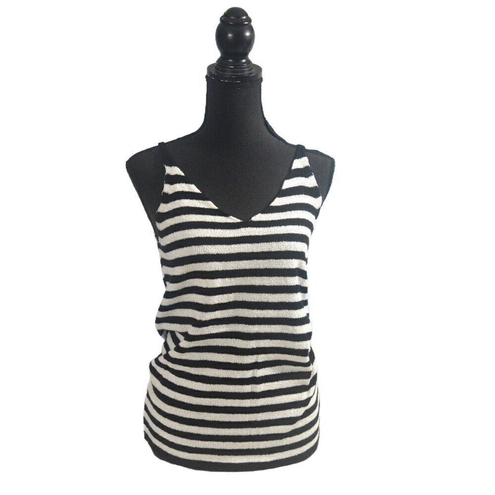 POL Black and White Striped Crochet Knit Tank Top Size Small